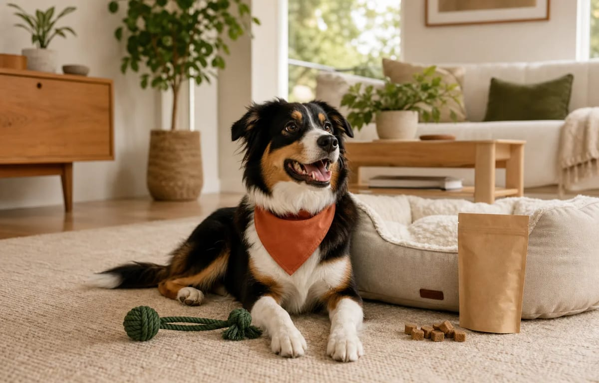Perro de Bruno y Lola con bandana naranja junto a sus productos